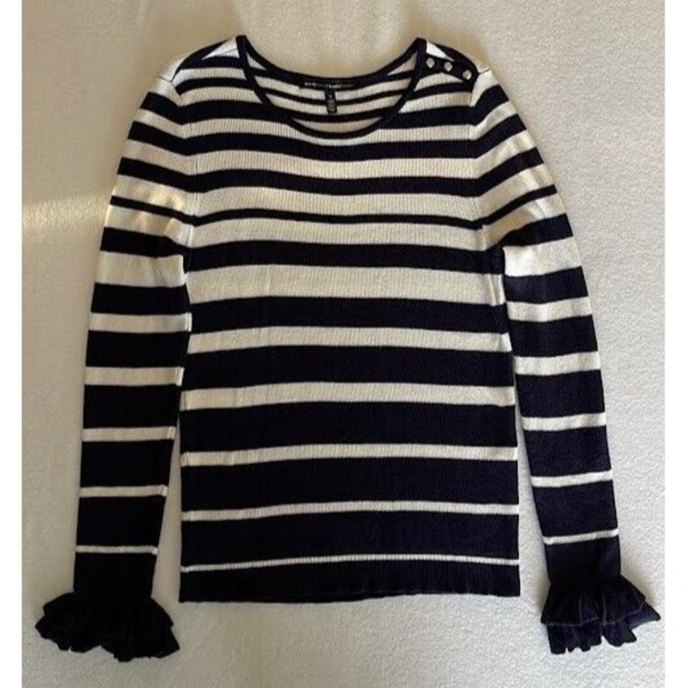 White House Black Market Sweater Women Medium Blue Stripe‎ Knit Button Accent